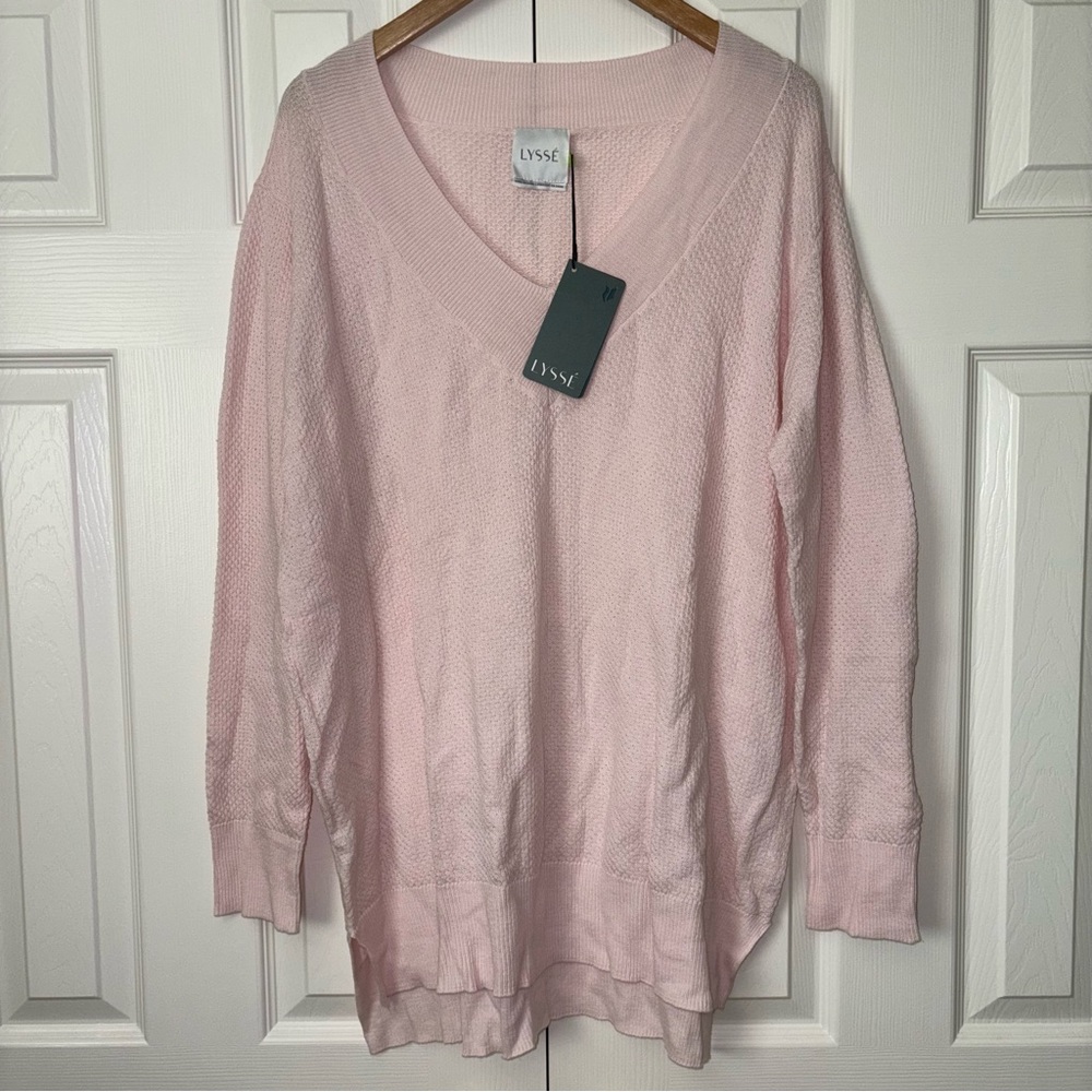 Lyssé Pink Knit V-Neck Sweater Women's Size XL Lightweight High-Lo Pullover NWT